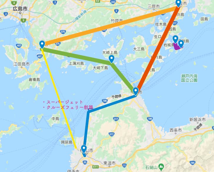 「スーパージェット」・「クルーズフェリー」航路図解